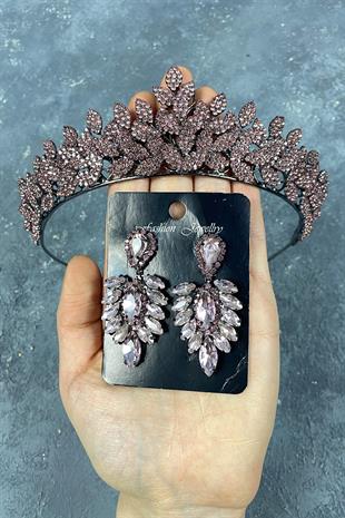 Pink Sara Dense Stone Bridal Henna Tiara and Stud Earrings Set