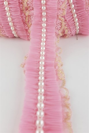 Pembe Sarı İncili Sim Dantel Plise Fırfır