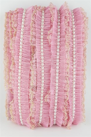 Pembe Sarı İncili Sim Dantel Plise Fırfır