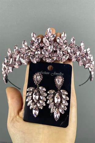 Pembe  Subra Gelin Kına Tacı Ve Mekikli Küpe Seti