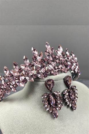 Pembe  Subra Gelin Kına Tacı Ve Mekikli Küpe Seti