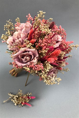 Pembe ve Gül Kurusu Kurutulmuş Çiçekli Gelin Buketi ve Yaka Çiçeği