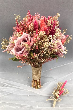 Pembe ve Gül Kurusu Kurutulmuş Çiçekli Gelin Buketi ve Yaka Çiçeği