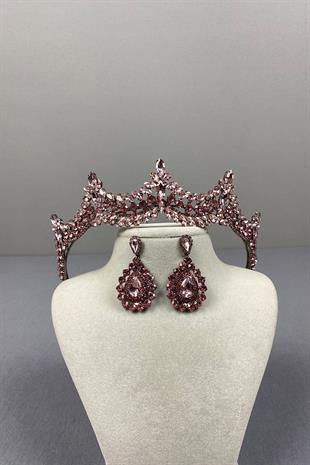 Pink Venetian Stone Bridal Henna Crown and Drop Earring Set