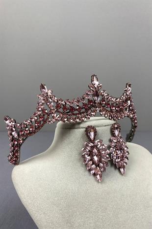 Pink Venetian Stone Bridal Henna Crown and Thin Shuttle Earring Set