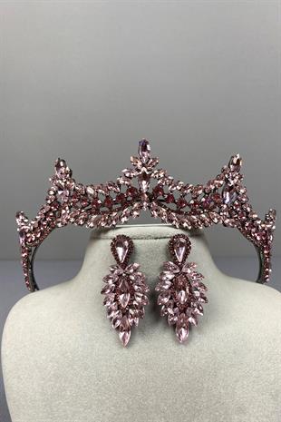 Pink Venetian Stone Bridal Henna Crown and Thin Shuttle Earring Set