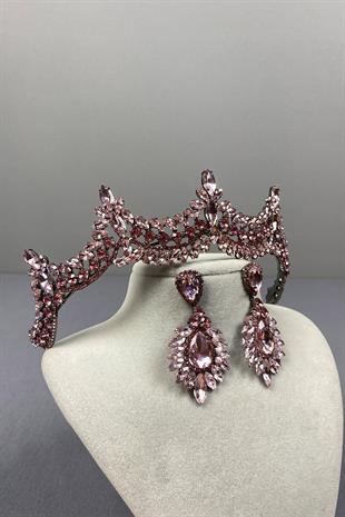 Pink Venetian Stone Bridal Henna Crown and Shuttle Earring Set