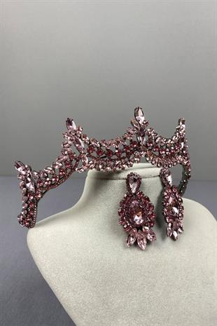 Pink Venetian Stone Bridal Henna Crown and Shuttle Earring Set