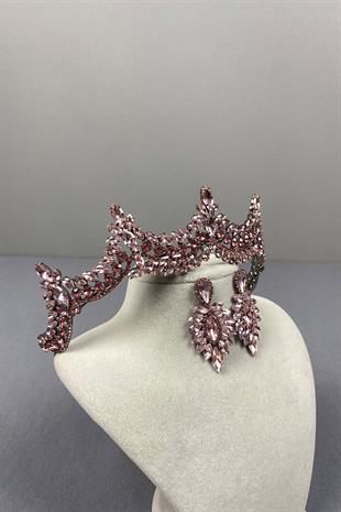 Pink Venetian Stone Bridal Henna Crown and Thin Shuttle Earring Set