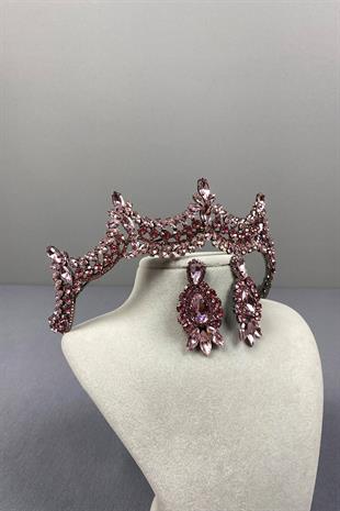 Pink Venetian Stone Bridal Henna Crown and Shuttle Earring Set