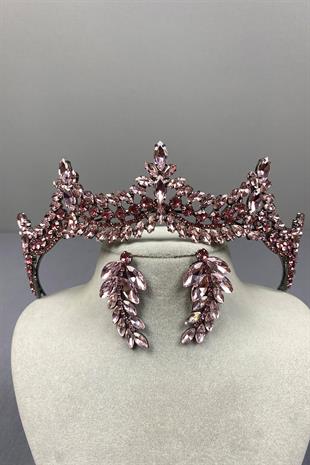 Pink Venetian Stone Bridal Henna Crown and Fine Leaf Earring Set