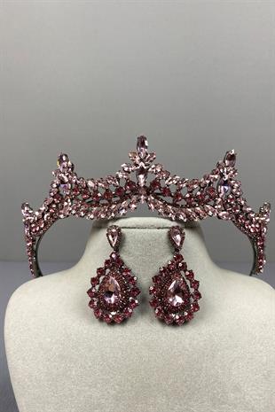 Pink Venetian Stone Bridal Henna Crown and Drop Earring Set