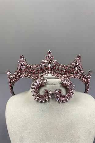 Pink Venetian Stone Bridal Henna Crown and Round Earring Set