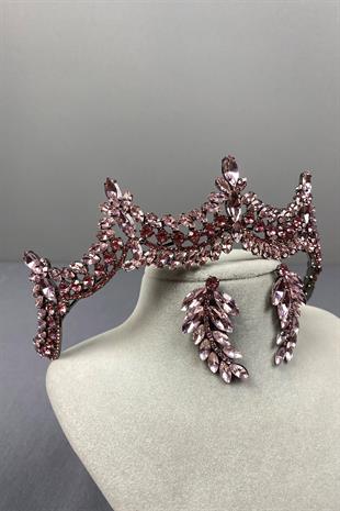 Pink Venetian Stone Bridal Henna Crown and Fine Leaf Earring Set