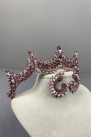 Pink Venetian Stone Bridal Henna Crown and Round Earring Set