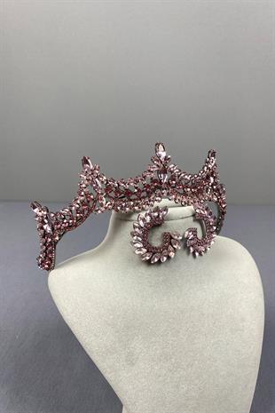 Pink Venetian Stone Bridal Henna Crown and Round Earring Set