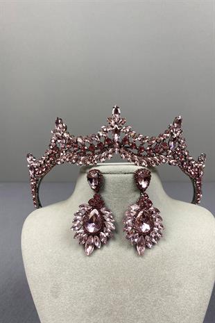 Pink Venetian Stone Bridal Henna Crown and Shuttle Earring Set