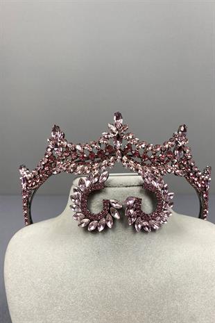 Pink Venetian Stone Bridal Henna Crown and Round Earring Set
