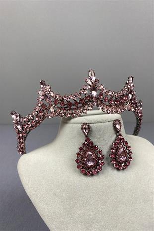 Pink Venetian Stone Bridal Henna Crown and Drop Earring Set