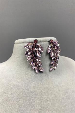 Pink Leaf Pattern Ela Evening Dress with Stone Bridal Earrings