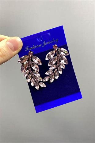 Pink Leaf Pattern Ela Evening Dress with Stone Bridal Earrings