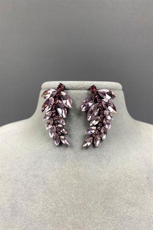 Pink Leaf Pattern Ela Evening Dress with Stone Bridal Earrings