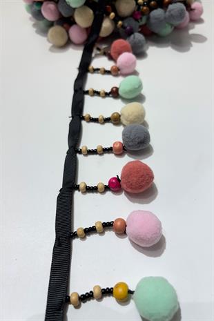 Ponpon Ahsap Boncuklu Dekoratif Şerit Antik Aplik