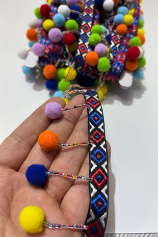 Ponpon Kum Boncuklu Dekoratif Şerit Antik Aplik