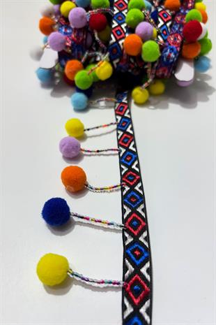 Ponpon Kum Boncuklu Dekoratif Şerit Antik Aplik