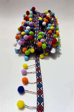 Ponpon Kum Boncuklu Dekoratif Şerit Antik Aplik