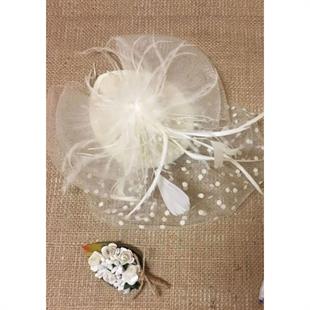 الجملة قبعة العروس منقطة، قبعة الزفاف، الفوال، بوتونيير العريس وقلم ريشة مجموعة من 3