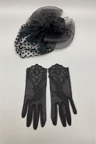 Polka Dot Wedding Hat and Lace Bridal Gloves Face Veils