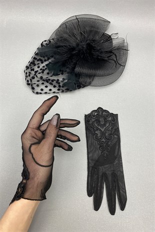 Polka Dot Wedding Hat and Lace Bridal Gloves Face Veils