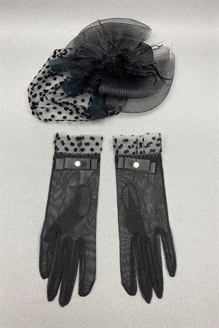 Polka Dot Wedding Hat and Bridal Gloves Face Veils