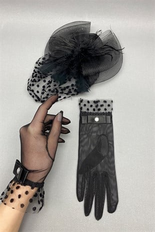 Polka Dot Wedding Hat and Bridal Gloves Face Veils