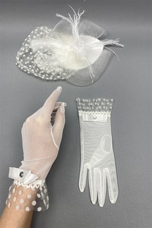 Polka Dot Wedding Hat and Bridal Gloves Face Veils
