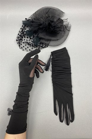 Polka Dot Wedding Hat and Long Black Bridal Gloves Face Veils