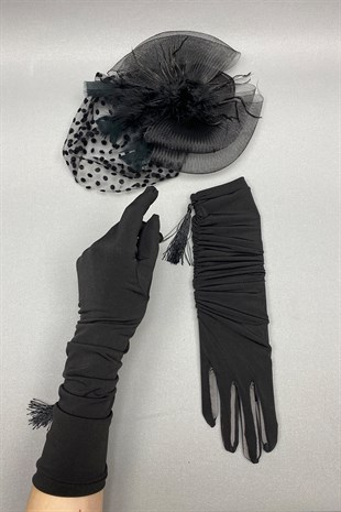 Polka Dot Wedding Hat and Long Black Bridal Gloves Face Veils