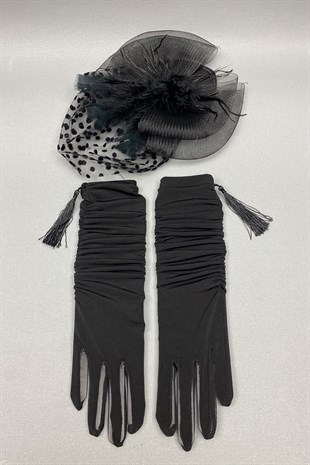 Polka Dot Wedding Hat and Long Black Bridal Gloves Face Veils