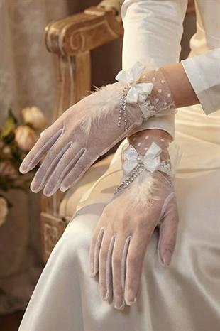 Polka Dot Tulle Bow Embellished Pearl and Stone Pendant Wedding Gloves and Accessories