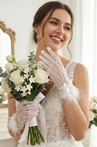 Polka Dot Tulle Bow Embellished Pearl and Stone Pendant Wedding Gloves and Accessories
