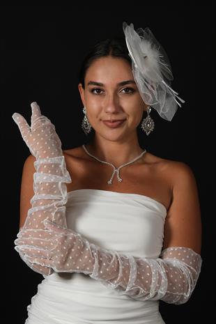Polka Dot Long Party Costume Bridal Tulle Gloves And Plain Voile Hat Set