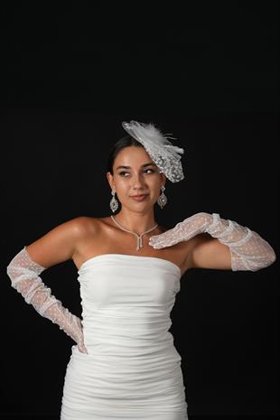 Polka Dot Long Party Costume Bridal Tulle Gloves And Voile Hat Set
