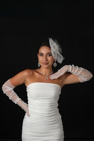 Polka Dot Long Party Costume Bridal Tulle Gloves And Plain Voile Hat Set