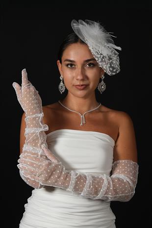 Polka Dot Long Party Costume Bridal Tulle Gloves And Voile Hat Set