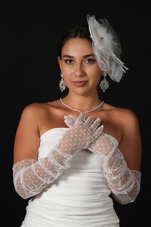 Polka Dot Long Party Costume Bridal Tulle Gloves And Plain Voile Hat Set