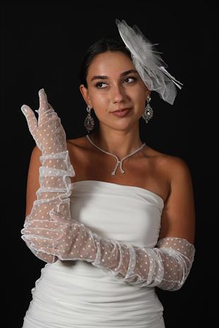 Polka Dot Long Party Costume Bridal Tulle Gloves And Plain Voile Hat Set