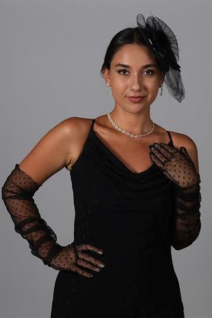 Polka Dot Long Party Costume Tulle Gloves And Flat Voile Hat Set