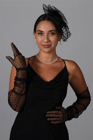 Polka Dot Long Party Costume Tulle Gloves and Voile Hat Set