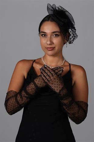 Polka Dot Long Party Costume Tulle Gloves and Voile Hat Set